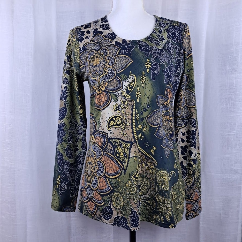 Indigo Moon S Green Floral Mandala Long Sleeve Scoop Neck Top Magical Forest